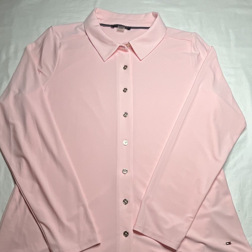Tommy Hilfiger Women’s L Solid Pink Short Sleeve Button Collared Polo Shirt(180)